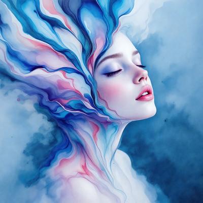 The primary subject of the image is a woman with a flowing mane of hair. She is lying down and appears to be sleeping. The setting is a cloudy sky, which serves as the backdrop for the scene. The visual style of the image is digital art, as it is a painting of a woman with a flowing mane of hair. The colors and mood of the image are predominantly blue and pink, creating a serene and dreamy atmosphere.